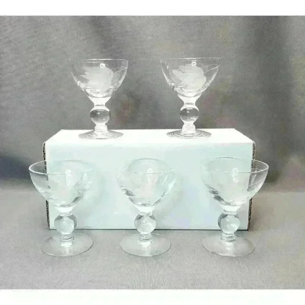 Vintage McBride Cameo Liquor Cocktail Crystal Wine Glasses Set of 5 Frosted Leaf